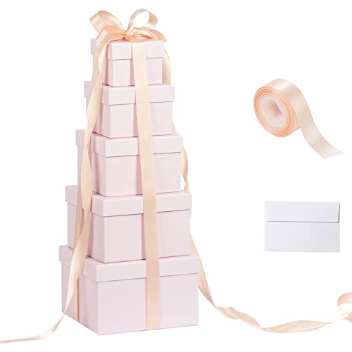 5 Pack Square Nesting Gift Boxes with Lids for Presents, Pink Gift Box with Ribbon Card, Bridesmaid Proposal Gift Box Stacking Boxes for Gift Wrapping Wedding Birthday Party Valentine's Day Christmas (Pink)