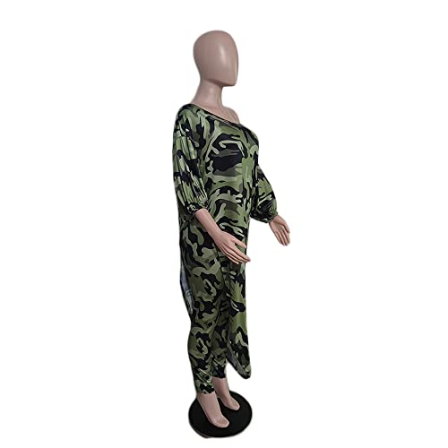 Meslima Women's Camo Print Loose One Shoulder Half Sleeve Flowy Hem Tops Skinny Pant Set 2 Pcs Lougwear Set Camouflage Xl #TOP4