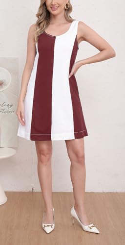 Image of CHARTOU Women Summer Sleeveless Linen Dress Color Block Short Beach Vacation Tank Dress