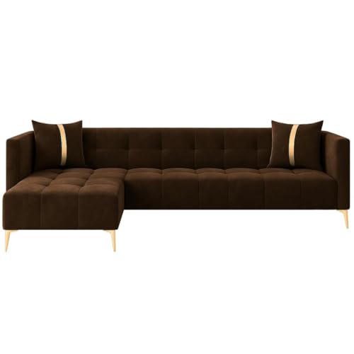 Image of FURNY Styliving 6 Seater Fabric LHS Sectional L Shape Sofa Set (Brown) with Golden Finish Legs | Durable & Comfortable | Ideal for Living Room