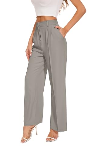 Auravista Women Suit Pants Wide Leg Pants High Elastic Waisted in The Back Business Work Trousers Long Straight Light Gray