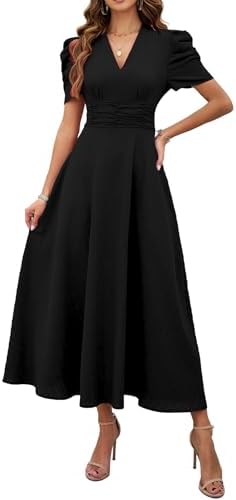 Shasmi Girl's & Women's Solid Color V-Neck A-Line Maxi Dress for Women | New Year Party Outfit | Waist Cinched Puff Sleeve Western Dress
