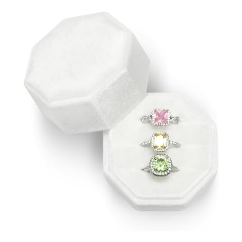 BLUTETE Velvet Jewelry Ring Box,Octagon 3 Slots Wedding Day Ring Box,Premium Vintage Ring Display Holder Case for Wedding Ceremony Proposal Engagement(White) Cover