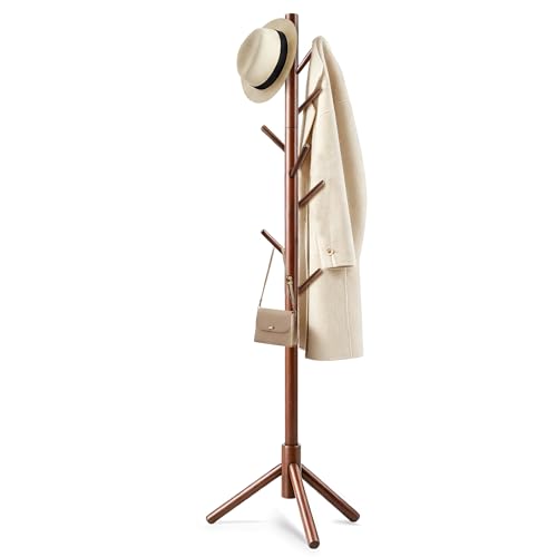 Freyawin Wooden Coat Rack Freestanding with 8 Hooks & 3 Adjustable Sizes for Clothes, Space-Saving Design for Bedroom Office Entrance Holds Hats Coats Scarves Bags