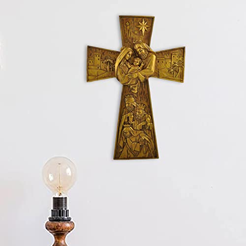 Holy Nativity Family Wall Cross-Gold, Resin Cross Handmade Craft With Metal Hook On Back, Modern Home Decor For Wall Or Table, Perfect Religious Gift, 12.88" H (Gold). #TOP4