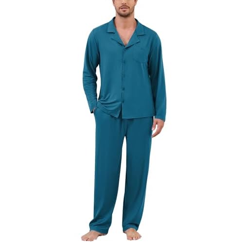 Marvmys Mens Pajama Set Soft Button Down Pajamas Long Sleeve Pjs Sleepwear Loungwear Comfy Sleep Sets with Pockets S-3XL Small Deep Blue
