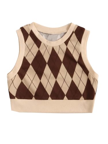 SweatyRocks Girl's Argyle Plaid Sweater Vest Sleeveless Crew Neck Knitted Crop Tank Top