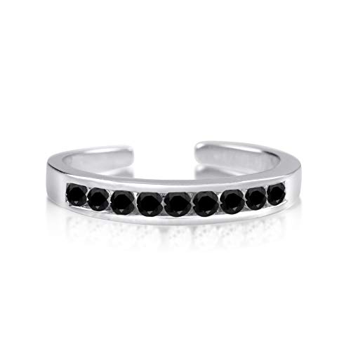 Rhodium Plated Sterling Silver Toe Rings Round Cut Cubic Zirconia Channel Set Black