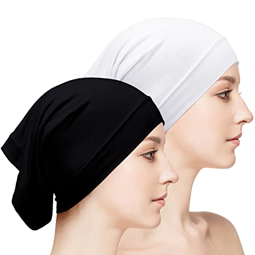 Loopeer 2 Pcs Hijab Undercaps No Slip for Women Islamic Muslim Hijab Cap Scarf for Turban Tube Neck Cover (White and Black)