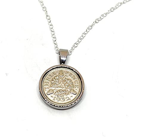Pendentif massif 1932 à trois pence porte-bonheur 90ème anniversaire avec chaîne en argent sterling de 45,7 cm, Pièce de monnaie, Autre type de fermoir Cover