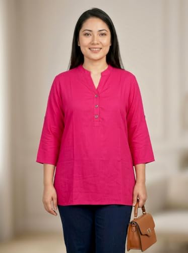 Image of Women's Roll-Up Sleeve Tunic Top, V-Neck with Button Front, Side Pockets, Rayon Short Kurti