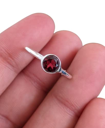 Shubham ManufacturersGarnet Silver Ring 925 Sterling Silver Handmade Minimalist Stackable Petite Women Ring Natural Red Garnet 6 MM Round Cut Gemstone All Size F to Y (US) Ring Jewelry