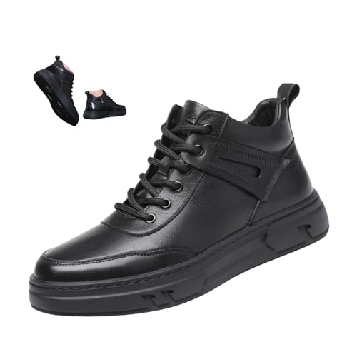 Men's Black High-top Casual Leather Boots,Round Toe Non-slip Shock-absorbing Side Zip Business Height Ankle Sneakers