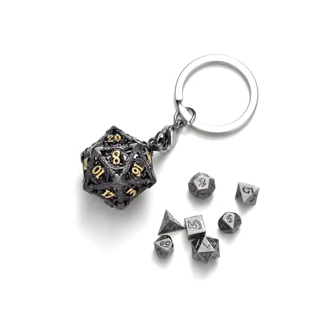 Mini Metal DND Dice Set with 20mm Bronze Hollow D20 Necklace Dice Case Antique Tiny Bronze Metal Dice Set D&D Keychain Portable 7PCS Dice Set (Antique copper) Cover