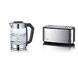 SEVERIN Digital Glas-Tee-/Wasserkocher, Mit Temperaturregler, Für 1,7 L Wasser/1,5 L Tee, ca. 2.200 W & Automatik-Langschlitztoaster, Toaster mit Brötchenaufsatz, hochwertiger Edelstahl Toaster