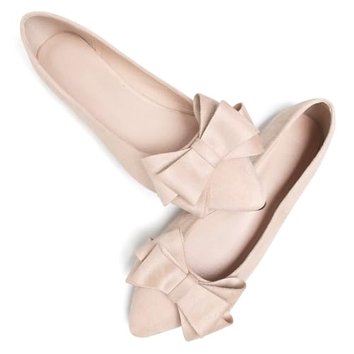 Image of SAILING LU Womens Bowknot Ballet Flats Pointy Toe Suede