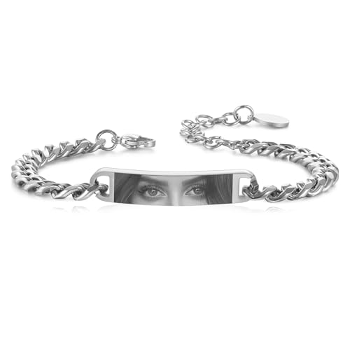 MeMeDIY Personalisiertes Augen-Fotoarmband für Herren Verstellbares Edelstahl Armband mit Foto/Namen/Text Gravur Personalisiert Geschenke für Ehemann Freund Paar Jahrestag - Silber