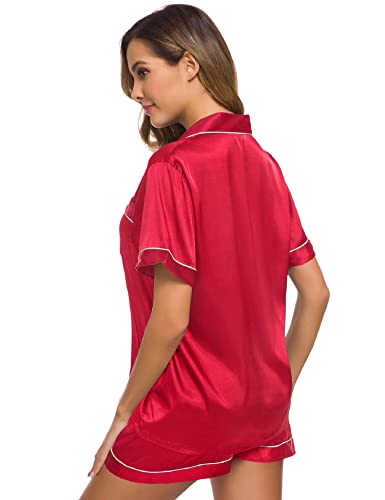 Image of SWOMOG Womens Silk Satin Pajamas Set Short Sleeve Sleepwear Button Down Top and Shorts Loungewear 2 Piece Pjs Set XS-3XL