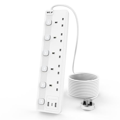 WLV Extension Lead 3M 5 Plug Extension Lead with 3 USB Slots Plug Extension Socket with Individually Switch White Wall Mounted Power Strip for Dorm Kitchen Living Room Bedroom
