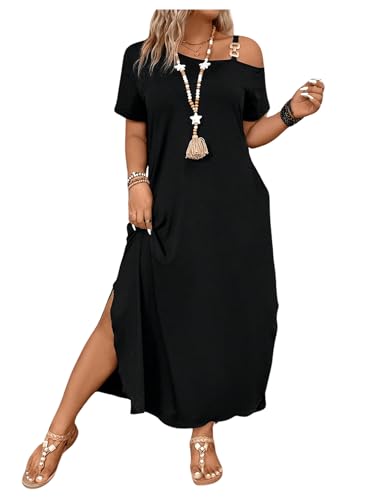 SOLY HUX Women's Plus Size Cold Shoulder Short Sleeve Split Hem T Shirt Dress Summer Long Maxi Dresses