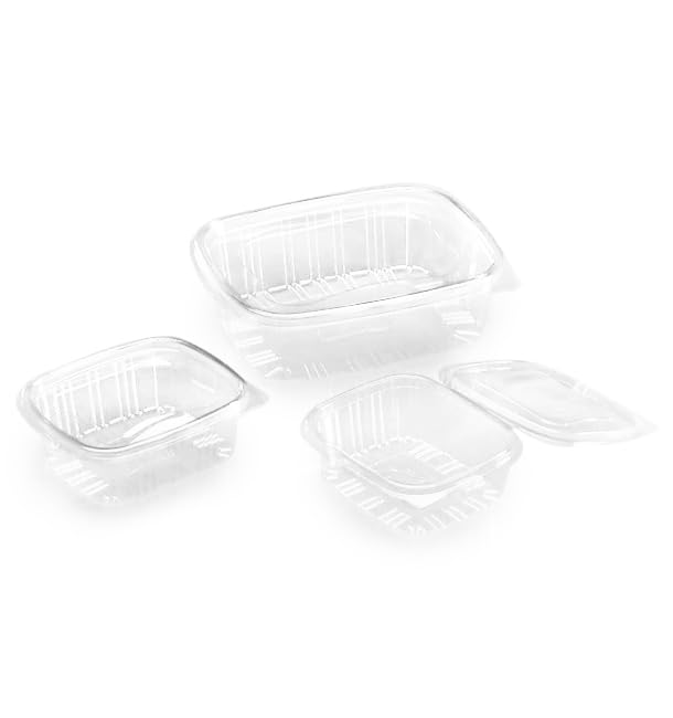 50 Envases de Plástico PET con Tapa Bisagra, 2000ml, Transparente, Tapa Abatible, Reciclable, Desechable, Tarrina para Comidas, Take Away, Comida para Llevar.