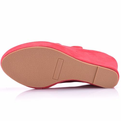Women's Wedge Heels, 11 Cm Suede Pumps Waterproof Platform Shallow Mouth Round Head Red Wedding Shoes High Heel Single Shoes,34 EU,Red4