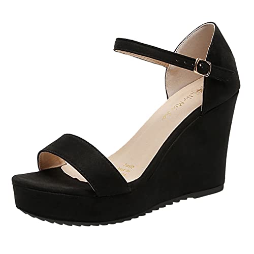 ZTFYKLIN Sandalias De Plataforma Para Mujer Verano A La Mujer, Tacón Cuña Con Pez, Gruesa, Hebilla Color Sólido Altas (Black, 37) Vestir Comodas Ortopedicas Cómodas Playa Pies Delicados Zapato