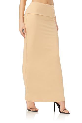 Women's Esin Soft Foldover High Waist Long Maxi Skirt, Praline3
