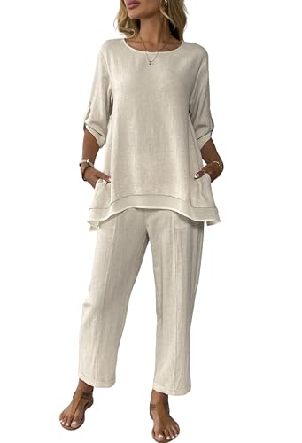 Women's Linen 2 Piece Outfits Rolled Sleeves Tops Wide Leg Trouser Pants Suits Summer Casual Dressy Linen Sets Beige