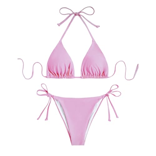 Traje de Baño de Dos Piezas Mujer Acolchada Clásico Ajustable Halter Triángulo Bikini Top Bikini con Almohadilla para el Pecho(Rosa Un tamaño)