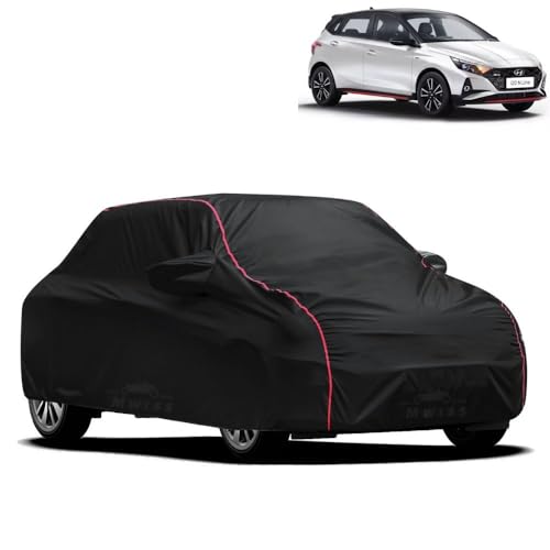 Image of Waterproof Car Cover for Hyundai i20 N Line | All-Weather Protection, Dustproof & UV Resistant | Triple Stitched Mirror Pockets, Windproof Buckle Strap with Elastic Hem, Black-Red Piping