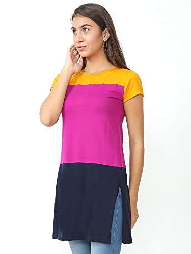 Image of FLEXIMAA Women's Cotton Round Neck Color Block Half Sleeve Long Top