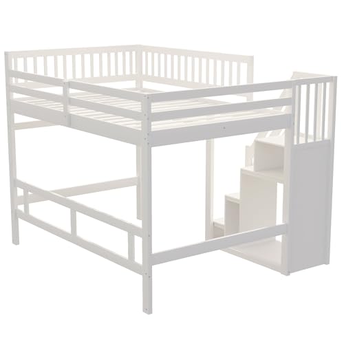 Etagenbett 140x200, Kinderbett Hochbett mit Treppe und Aufbewahrungsschrank, Funktionsbett Doppelbett Stockbett Spielbett Kinderhochbett Jugendhochbett mit Lattenrost, Massivholz, Ohne Matratze, Weiß