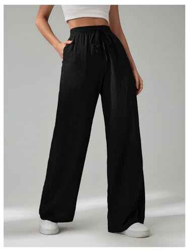 Women's Straight Wide Leg Pants Elastic Drawstring Low Rise Casual Textured Trousers with Pockets4