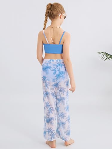 Image of Girls Swimsuit 3 Piece Bathing Suit Criss Cross Bikini Set Tropical Floral Swimwear with Mesh Cover Up Pants Size 9-16Y