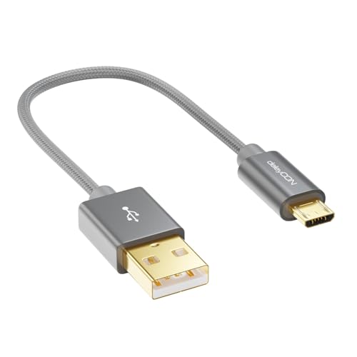 deleyCON Micro USB Kabel 0,15m mit Nylon + Metallstecker - Ladekabel, Datenkabel, Schnellladekabel für Smartphone, Tablet, PC, Laptop, Notebook - Grau