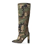 Arqa Women's Camo Knee High Boots Pointed Toe Block Heel Camouflage Boot with Metal Buttons Multiple Pockets Boot