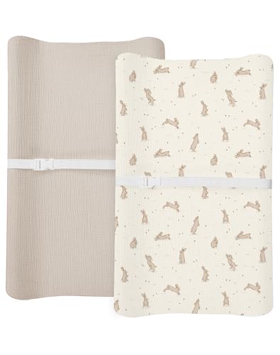 Image of Changing Pad Cover for Baby Boy Girl 2 Pack, Muslin Changing Table Pad Covers with Boho Style, Neutral Nursery Bedding Essentials Soft and Breathable (Hopping Bunnies & Beige)