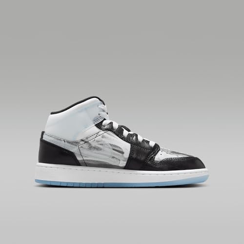 Air Jordan 1 Mid Sneaker School Big Kids' Shoes (HF3210-001, Black/Total Crimson/White/Ice Blue) Size 6.53
