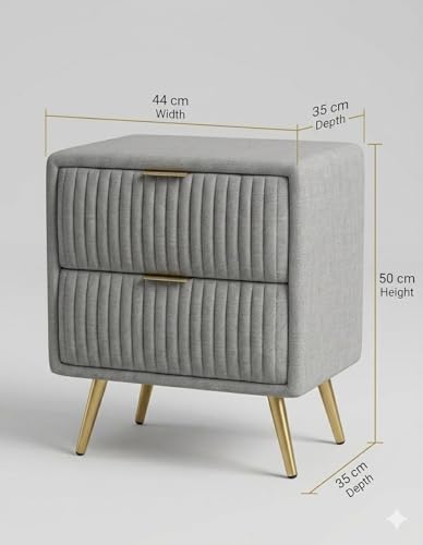 Image of Craft D Art HDMR Upholstered Bedside Table with 2 Channel-Tufted Drawers for Bedroom | Modern Nightstand with Gold Accents & Metal Legs | Side Table for Living Room, Home & Office | DIY Assembly |Grey