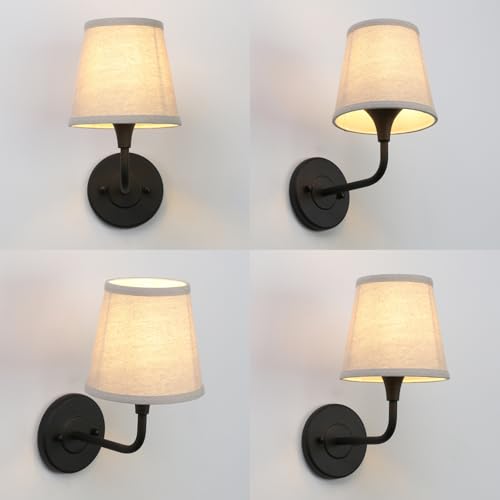 Image of Phansthy Hardwired Brass Boho Wall Sconces Set of 2, Vintage Industrial Wall Lamps, Vanity Sconces Wall Lighting with Natural Fabric Shade for Bathroom Bedroom Living Room (Black + Linen Shade)