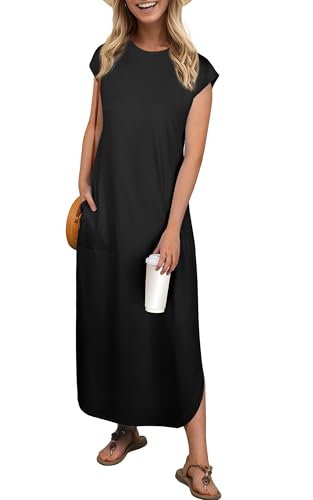 Image of HiMONE Beach Vacation Dresses for Women 2025 Sundress Cap Sleeves Casual Maxi Beach Dress with Pockets XS-2XL