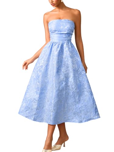 ShawGobow Strapless Corset Dress,Jacquard Formal Midi Dresses for Women,Wedding Guest Cocktail Party Outfits Pastel Blue Small