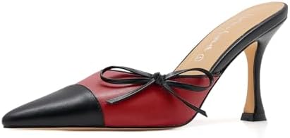 Women Bow Mule Heels Pointed Toe Chic Kitten Heel Slides Vintage Color Block Stiletto Mules Dress Party Wedding Pumps