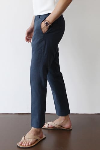 Image of GINGTTO Linen Pants Men Slim Fit Elastic Waistband Lightweight Summer Beach Fashion Casual Pant
