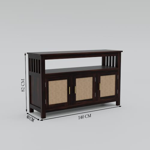 Image of Solid Sheesham Wood Sideboard for Living Room with Cane Doors | 3-Door Storage Unit with Open Shelf | Buffet Cabinet for Dining Room, Entryway & Hallway | Walnut Finish | 140 x 40 x 82 cm
