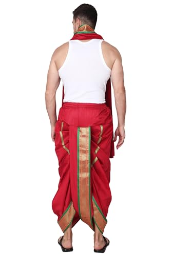 Image of Rameshwaram Fabrics Readymade Dhoti for Men, Velcro Style Stitched Mens Silk Dhoti Pant with Stole Set
