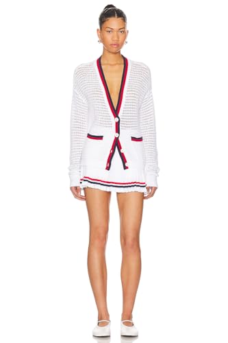 Image of Women's Crochet Cardigan Sweater Color Blocking Hollow Out Long Sleeve Button Down Loose Fit Cardigan White