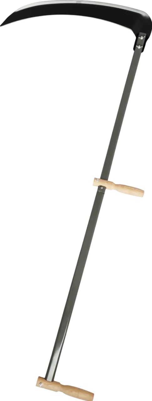 Traditional Scythe with 23.2-Inch Blade, 65 Manganese Steel, S-Shaped Wooden Handle – Manual Grass Cutting Garden Tool