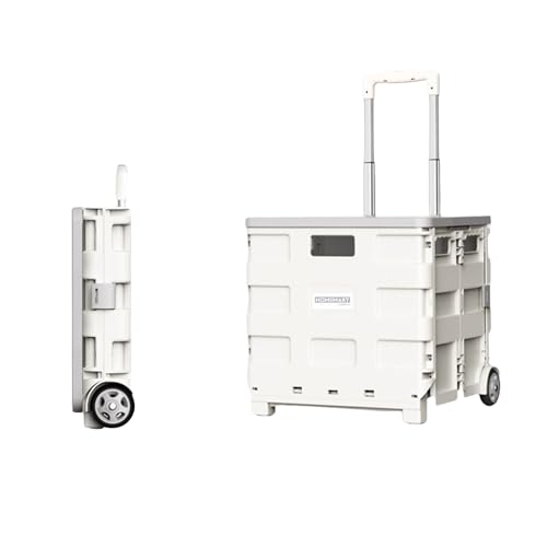 折りたたみキャリーカート ショッピングカート コンテナキャリー キャリーカート 軽量 台車 静音 コンパクト 蓋付き 座れる キャンプ用 家庭用 飛び出し防止 簡単組立て 簡単取り付け (ホワイト,38*33*36cm)